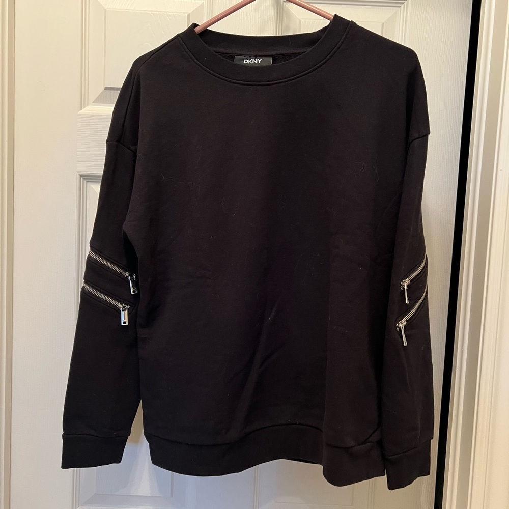 Sz L DKNY Black Sweatshirt with Zipper Embellishments